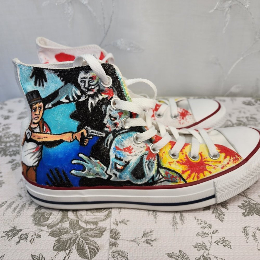 Custom Painted Zombie Hunter/Splatter Hi-Top Converse All-Stars Unisex W9/M7 - Picture 4 of 12